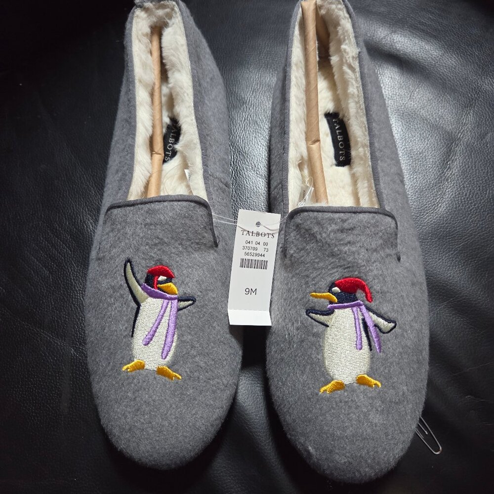 Talbots Gray Penguin Embroidered Slippers